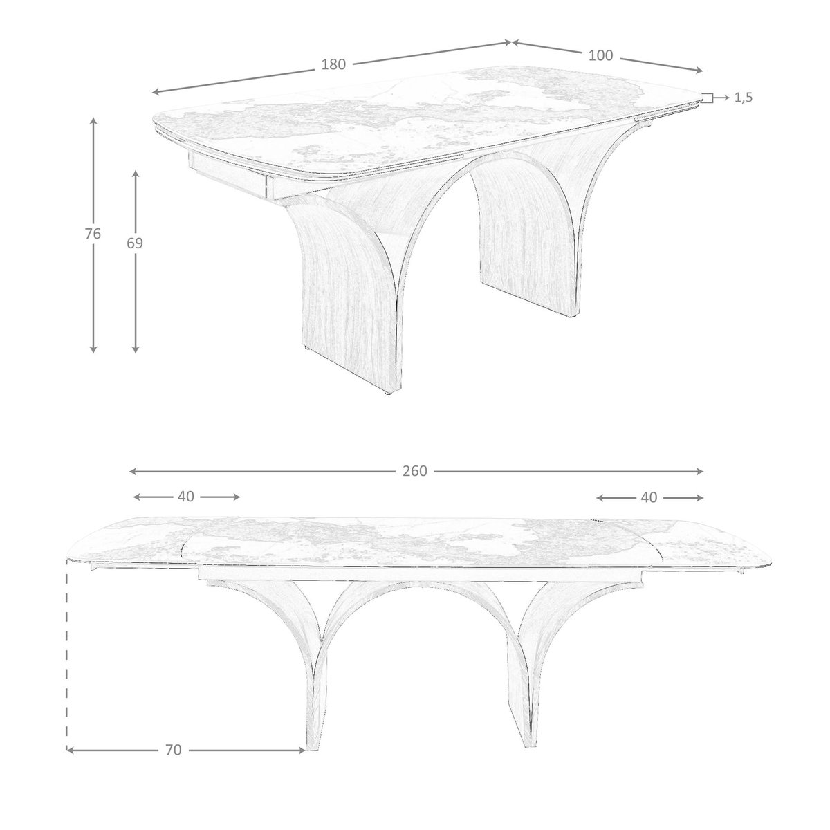 Table de salle à manger rectangulaire à rallonge en marbre porcelaine et acier effet noyer blanc et terre | noyer, ANGEL CERDA