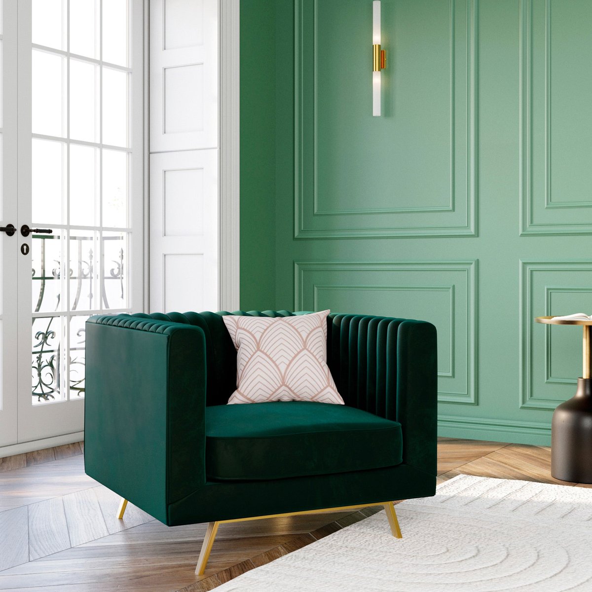 Ensemble canapé et fauteuil en velours 4 places - GATSBY vert, MAISON PAVANE