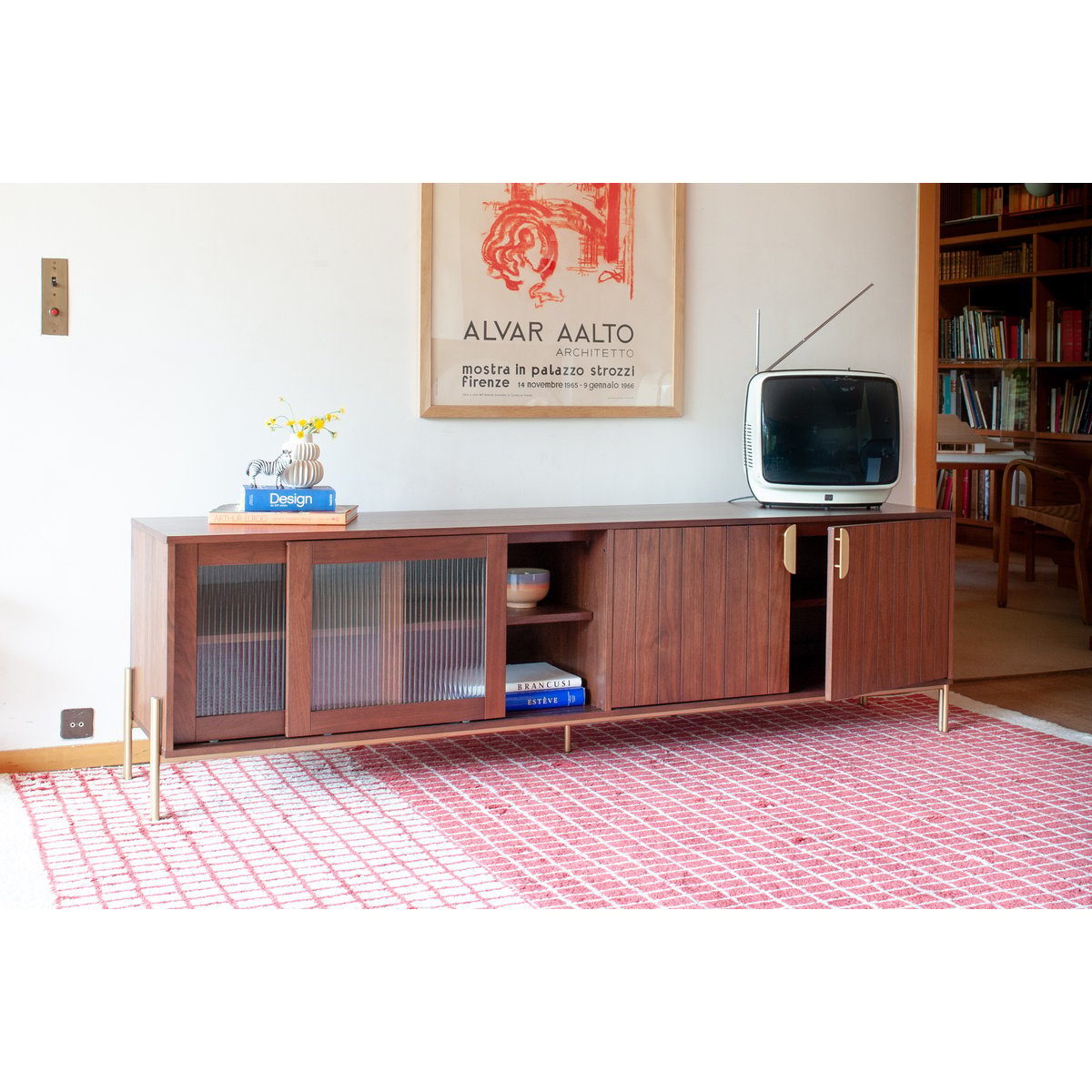 Meuble TV en noyer plaqué AURORA bois foncé, PRODUIT INTERIEUR BRUT
