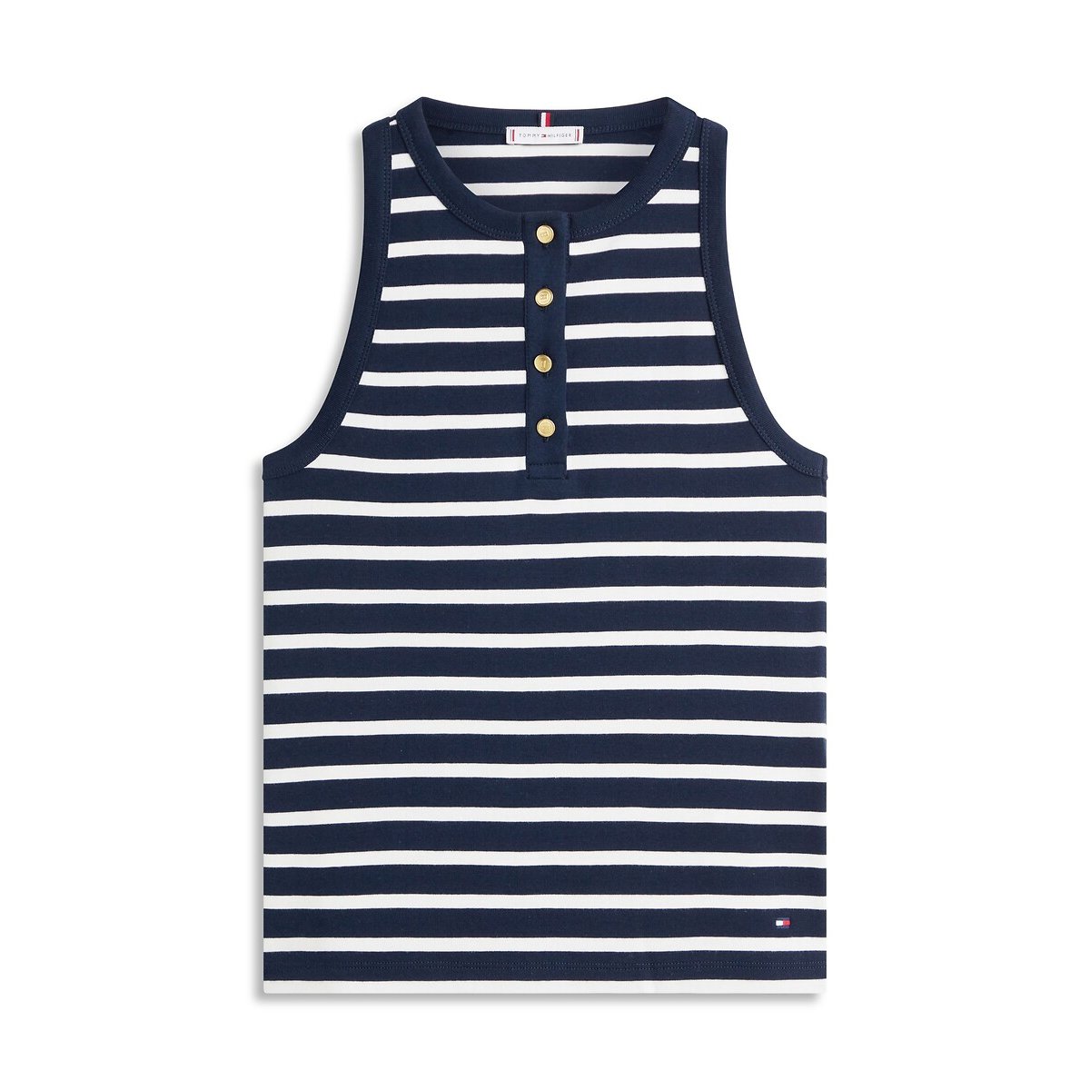 Canotta a righe con colletto rotondo abbottonato marine/écru, TOMMY HILFIGER