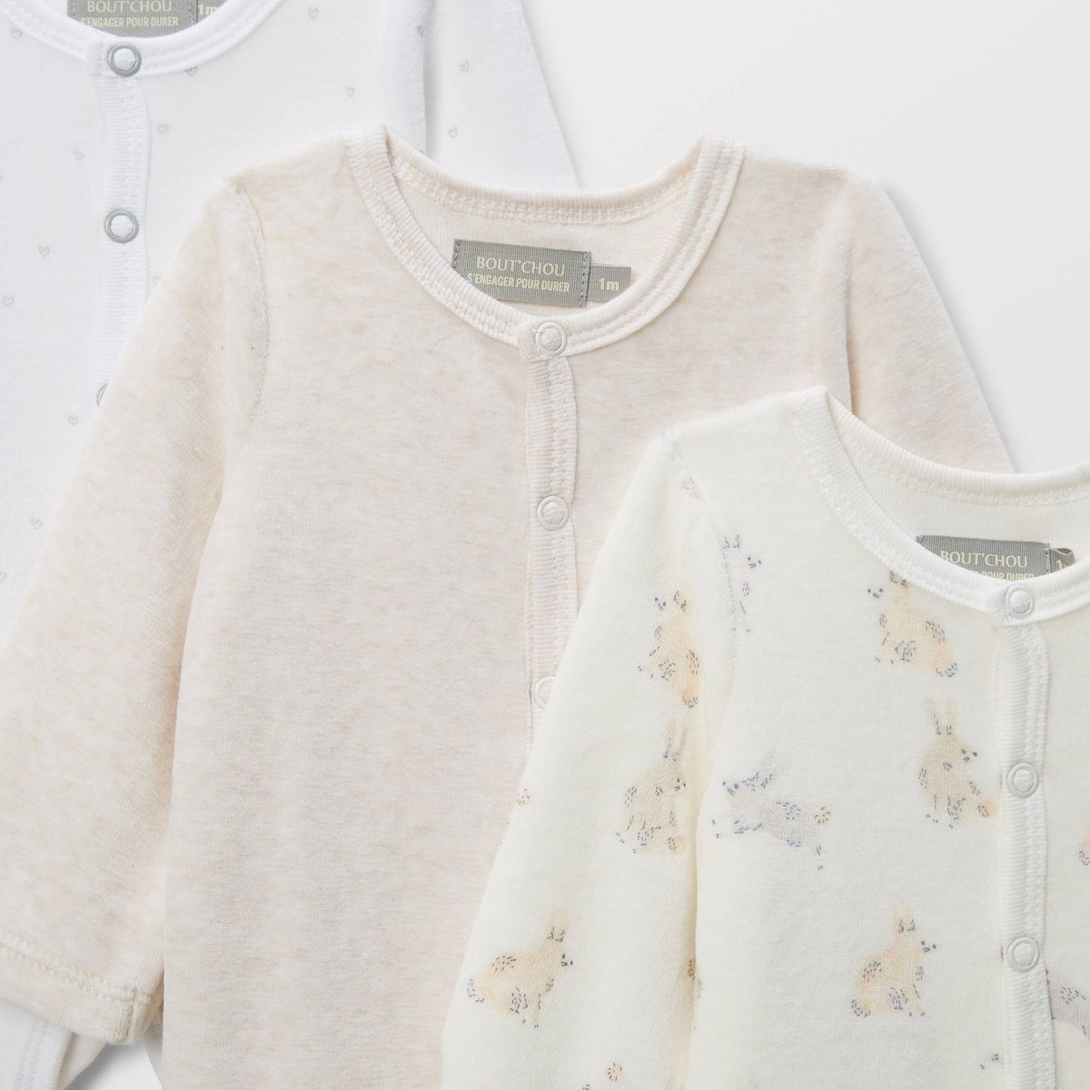Lot de 3 dors-biens en velours en coton BIO GOTS ecru, BOUT'CHOU