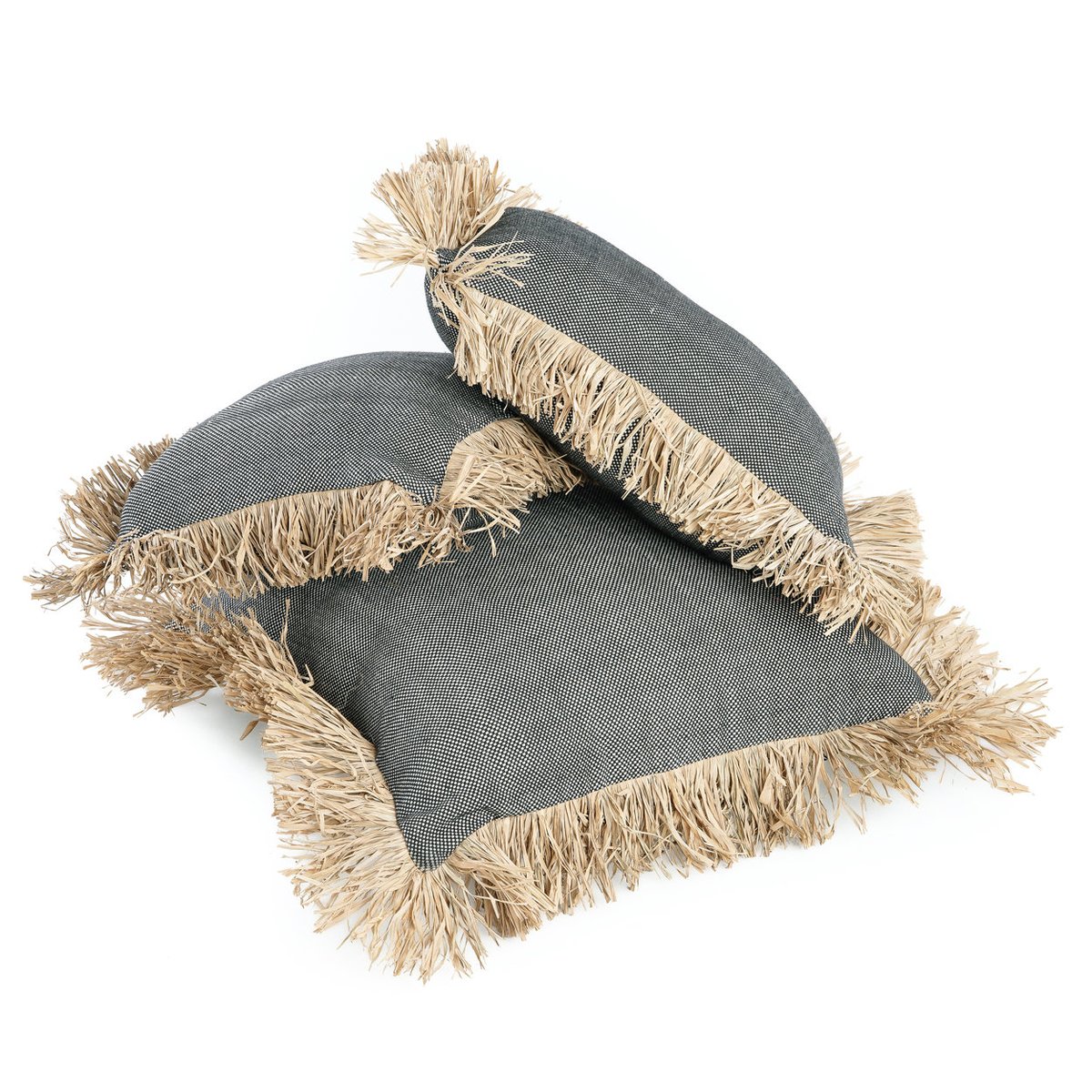 Housse de coussin en coton et raphia BONITA noir beige, BAZAR BIZAR
