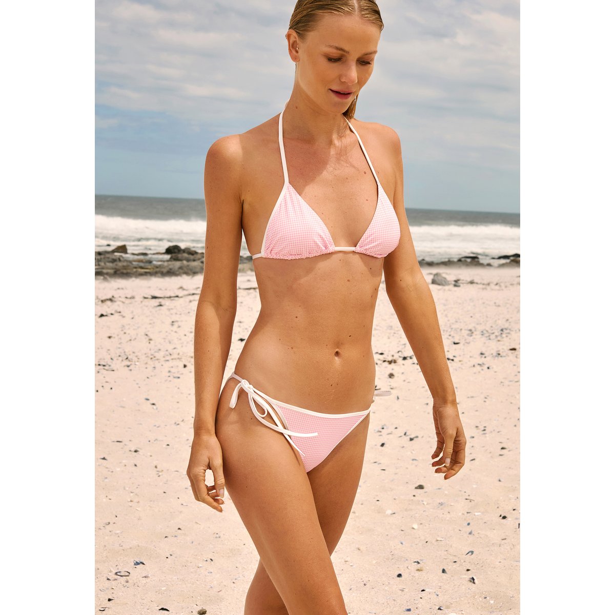 Bas de maillot de bain à imprimé vichy à nouer SICILIA rose, ETAM
