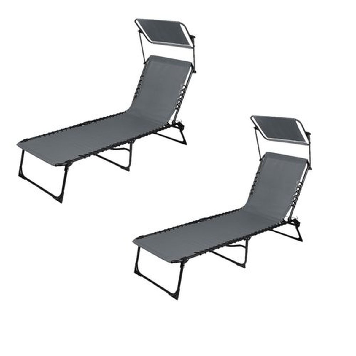 Lot de 2 bains de soleil avec coussin et pare-soleil inclinable gris foncé, TOILINUX