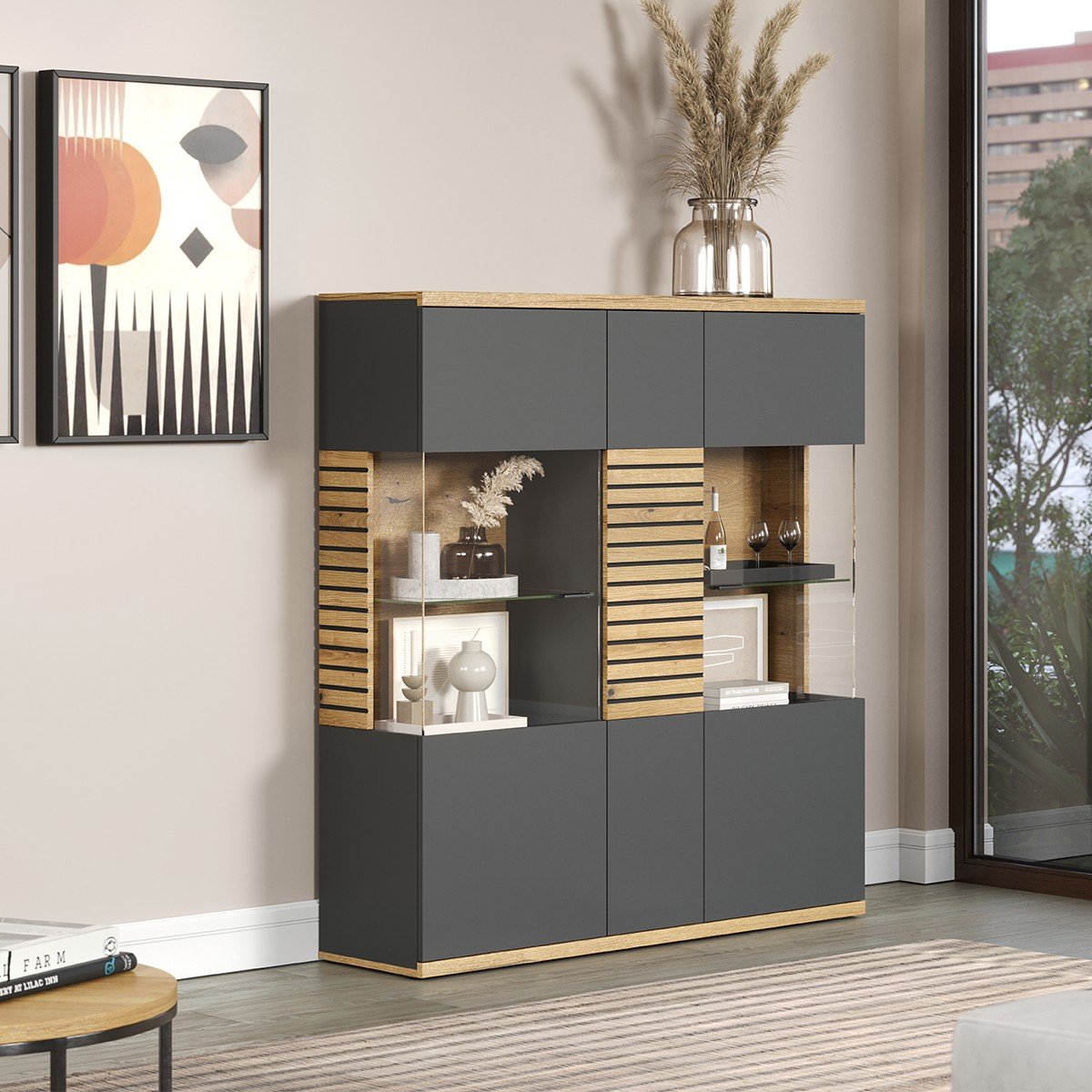 Buffet haut vitré 3 portes L131 cm - NORRIS gris anthracite, CALICOSY