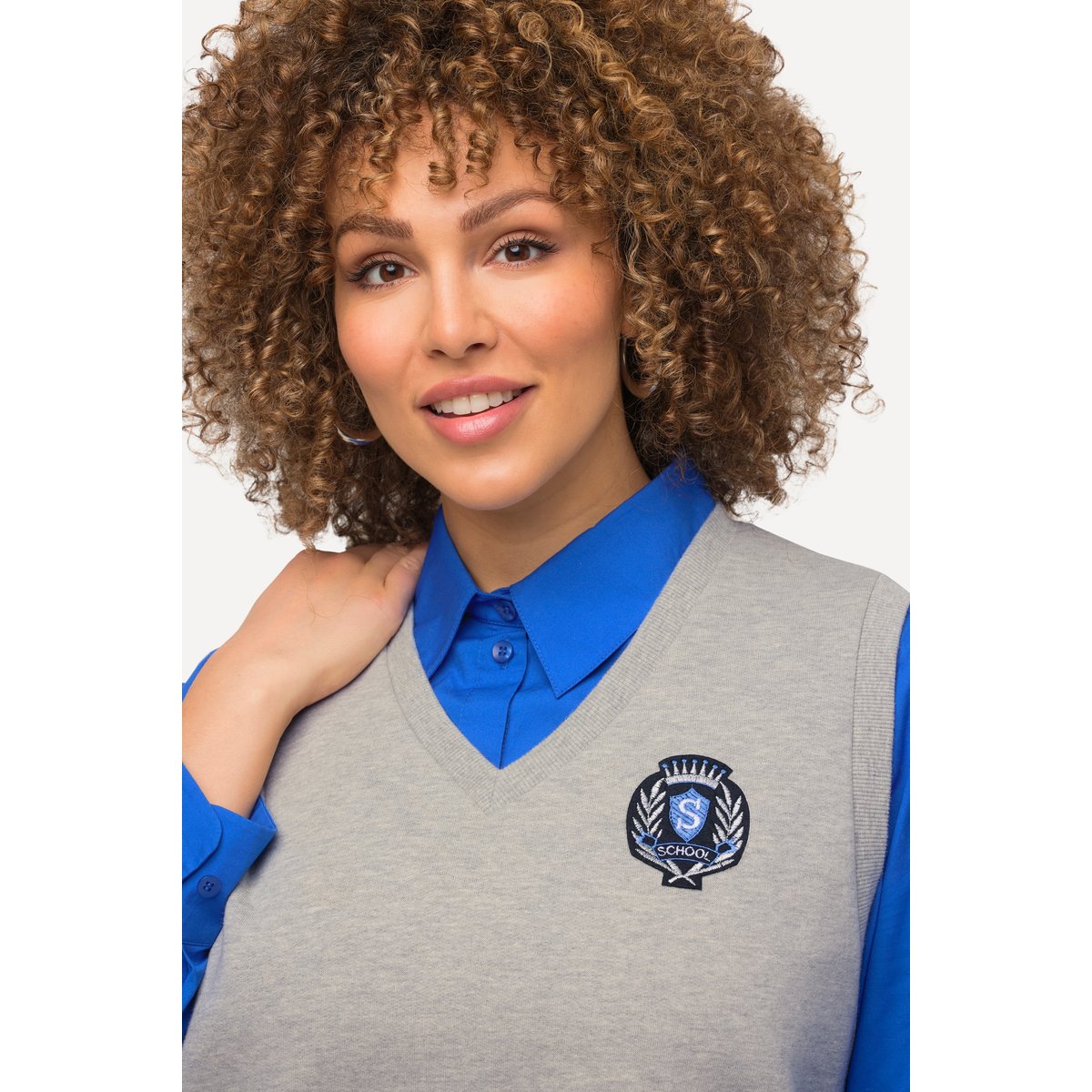 Pull sans manches en molleton à col en V gris clair chiné, ULLA POPKEN