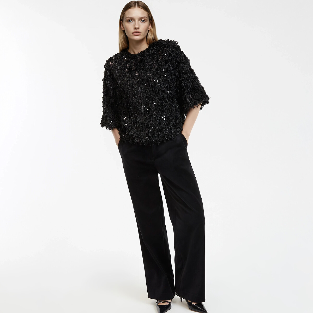 Sequin/Feather Top with Short Sleeves black, LA REDOUTE COLLECTIONS