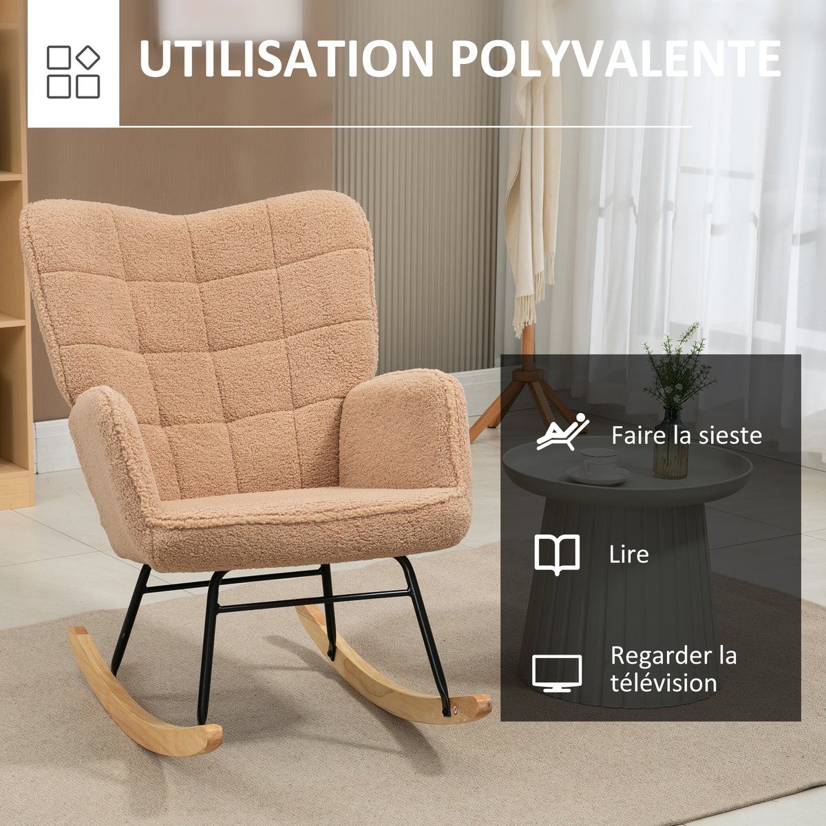 Fauteuil à bascule Revêtement bouclette marron, HOMCOM