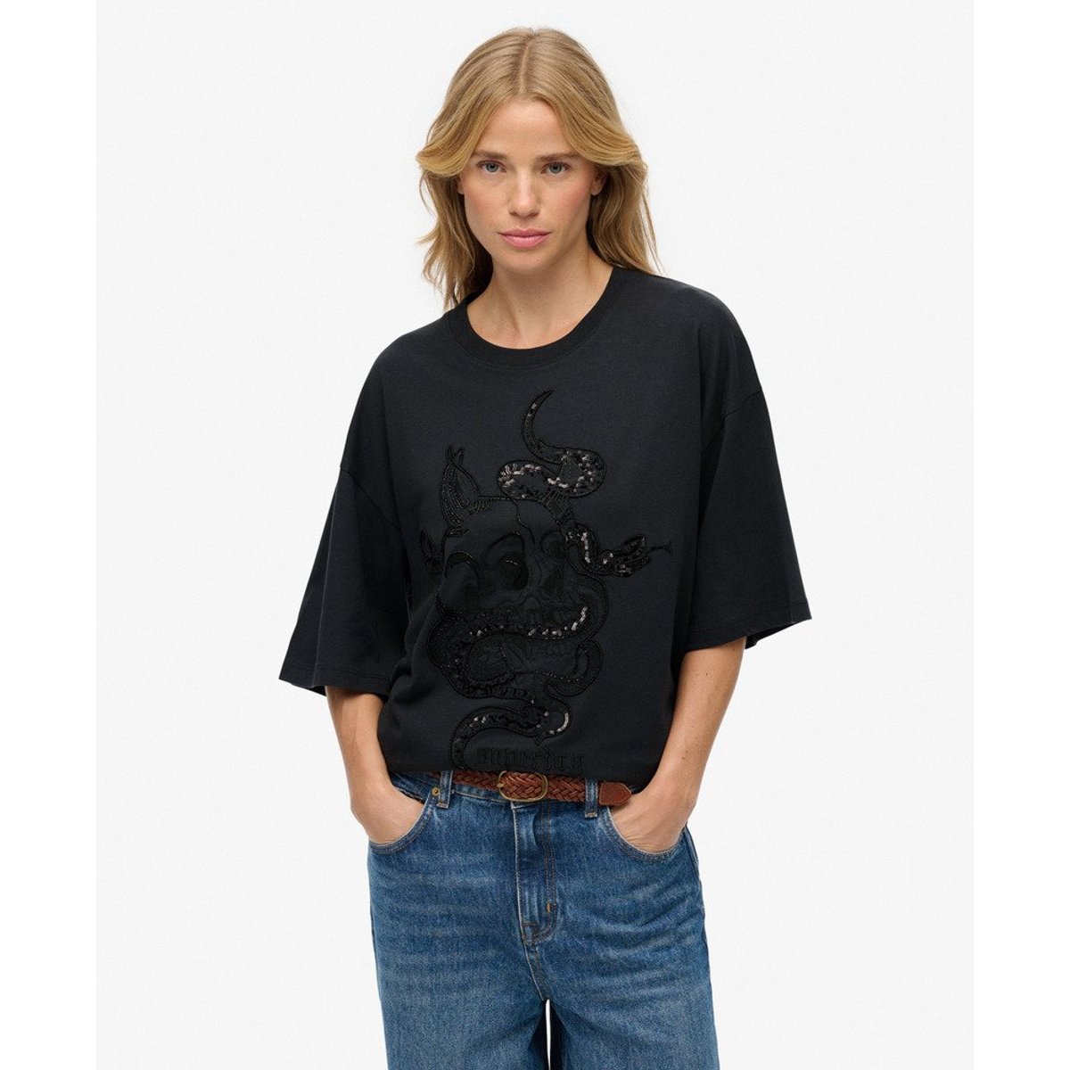 T-shirt Oversized Tattoo Orné noir, SUPERDRY