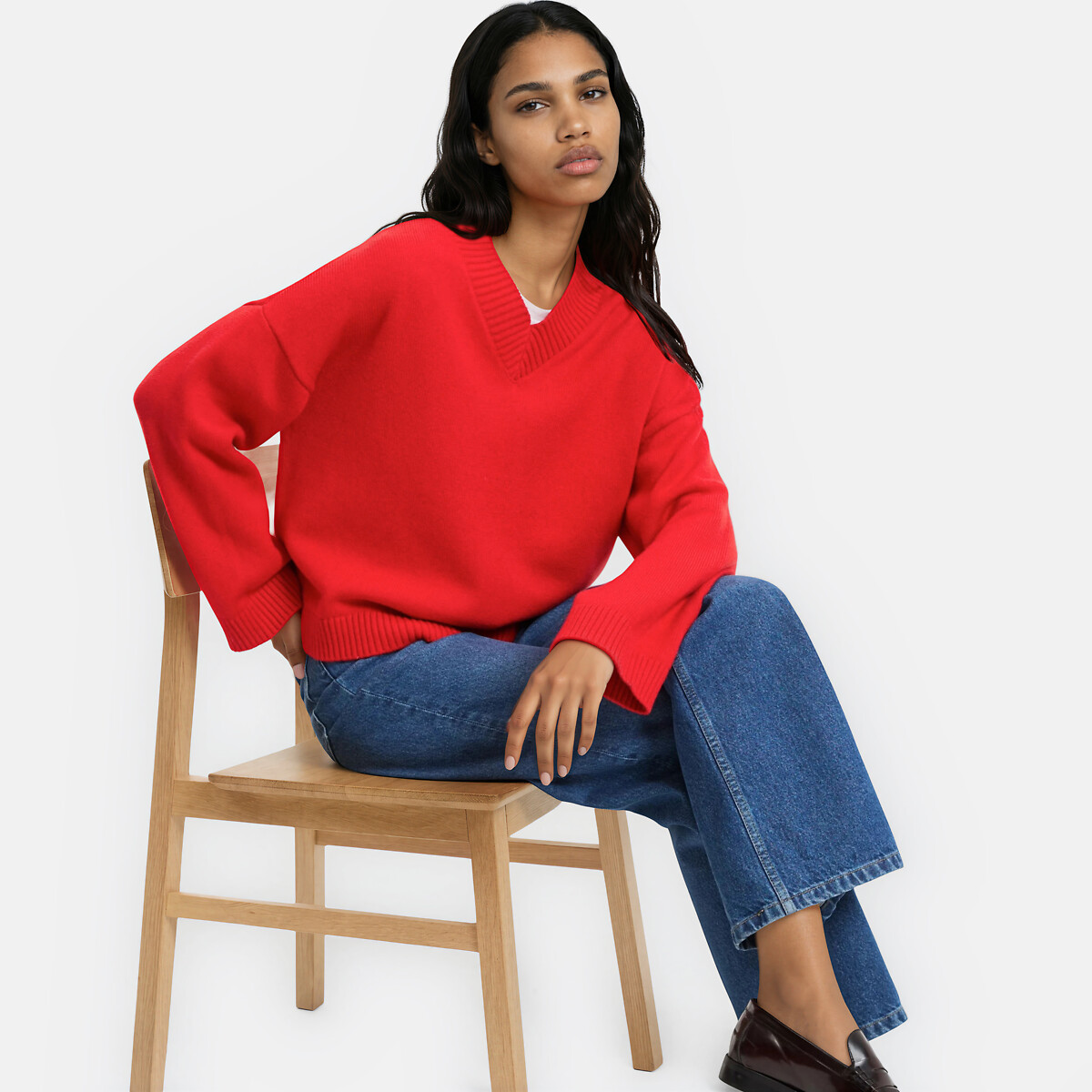 Pull col V, en laine et coton mélangés rouge, LA REDOUTE COLLECTIONS