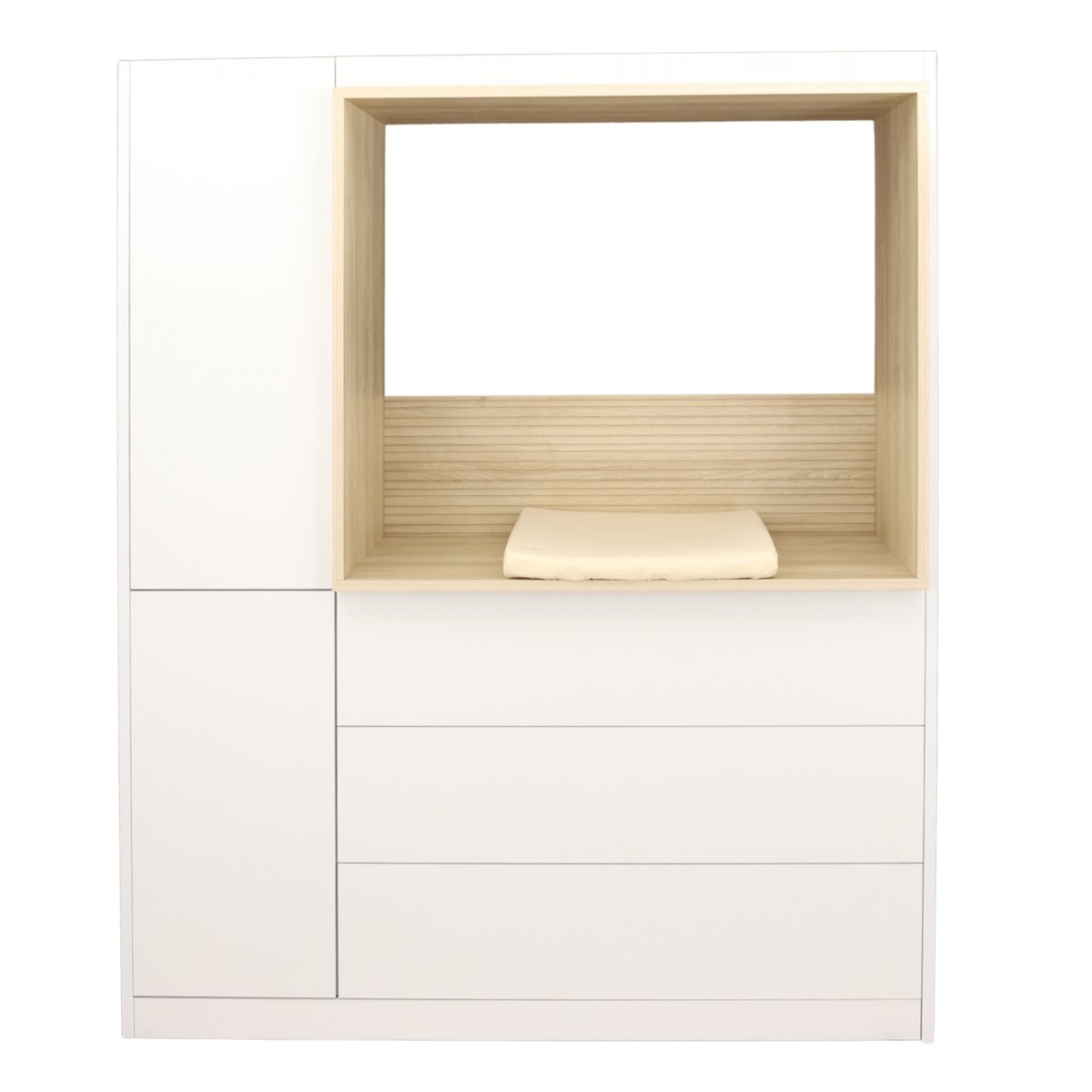Combiné commode à langer 3 tiroirs, 1 colonne et niche décor chêne sépia blanc, SAUTHON