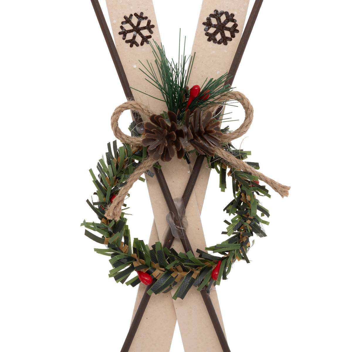 Suspension de sapin couronne et paire de skis en bois 26 cm multicolore, FEERIC LIGHTS & CHRISTMAS