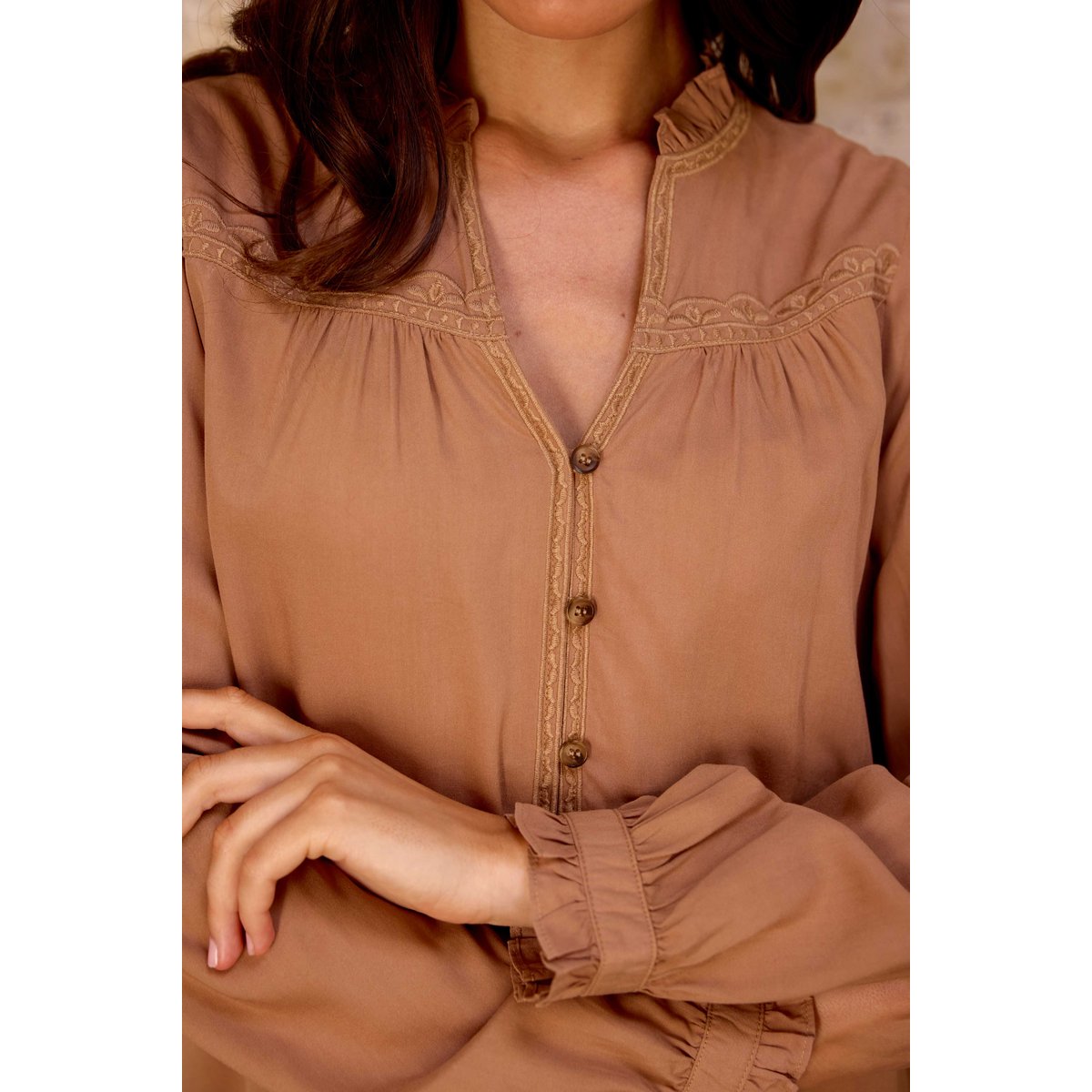 Blouse manches longues col v uni BOWEN 15-camel, LA PETITE ETOILE