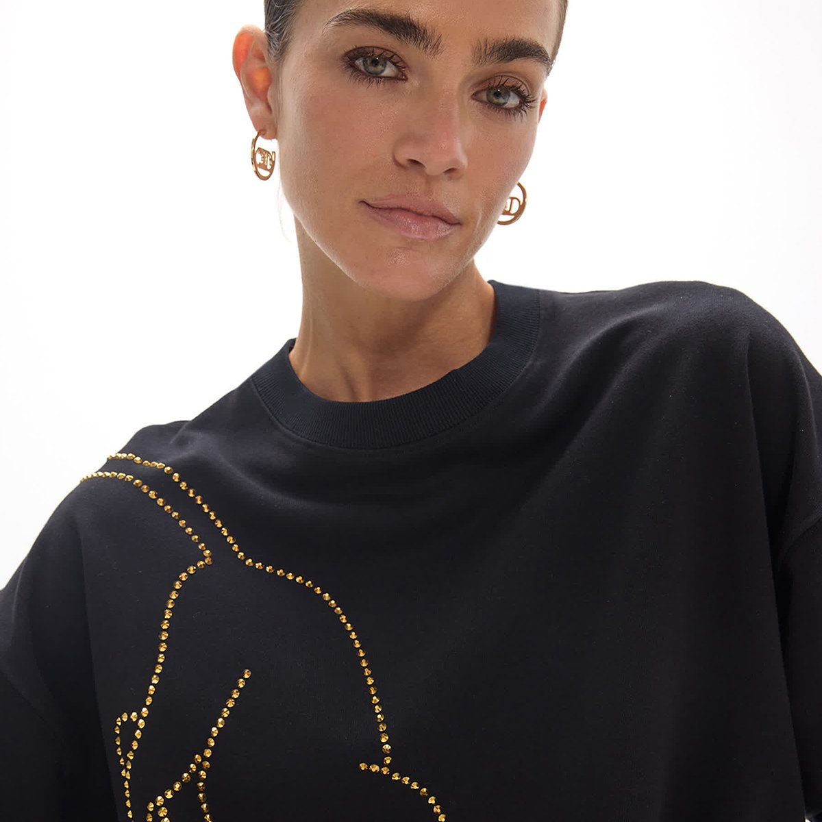 Sweat à motif léopard en strass doré noir, LOLA CASADEMUNT