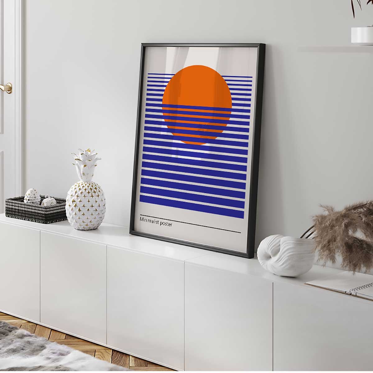 Affiche encadrée soleil minimaliste rayures affiche + cadre en métal - noir, HEXOA