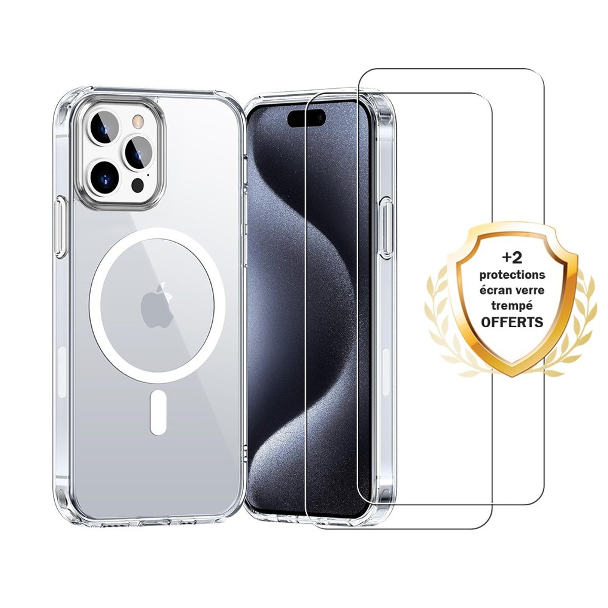 Coque Anti-choc compatible Magsafe pour iPhone 15 Pro Max Transparente + 2 vitres transparent, EVETANE