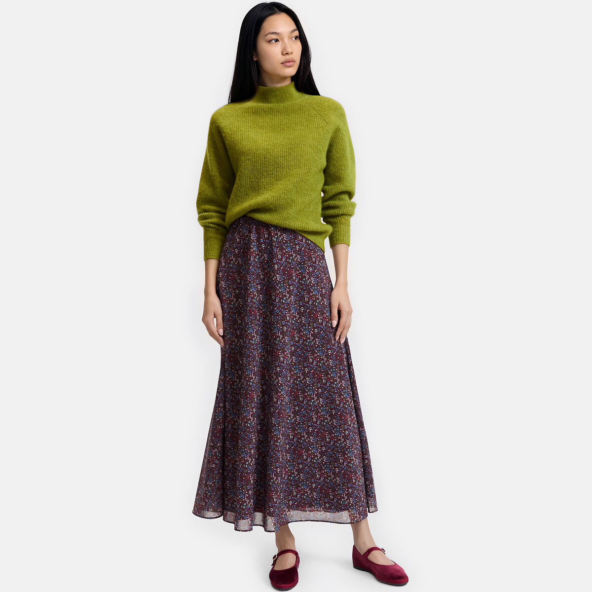 Jupe longue imprimé floral à taille élastiquée imprimé fleurs fond bordeaux, LA REDOUTE COLLECTIONS