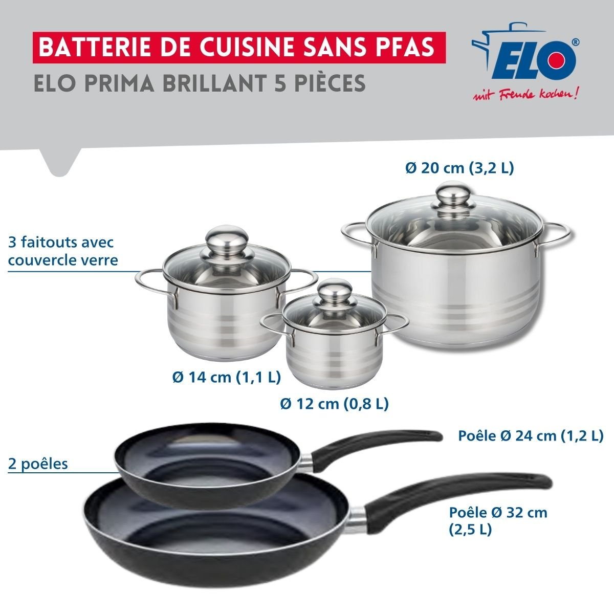 Batterie 2 poêles 24/32cm + 3 faitouts 12/14/20cm PRIMA BRILLANT noir, ELO