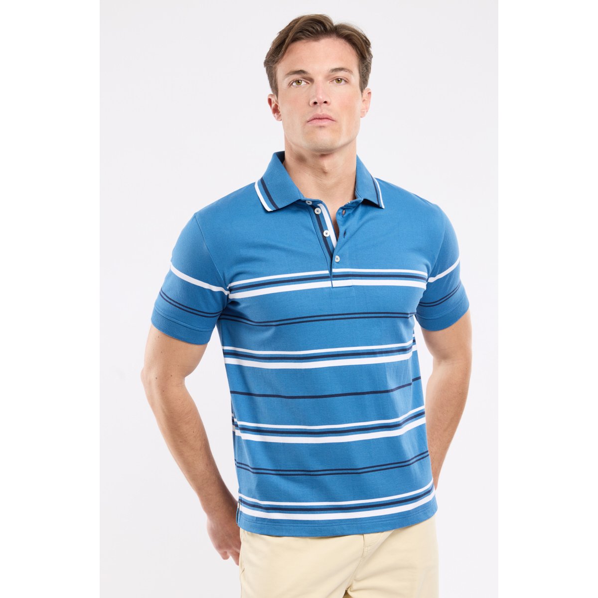 Polo rayé en coton léger dark blue/marine deep/blan, ARMOR-LUX