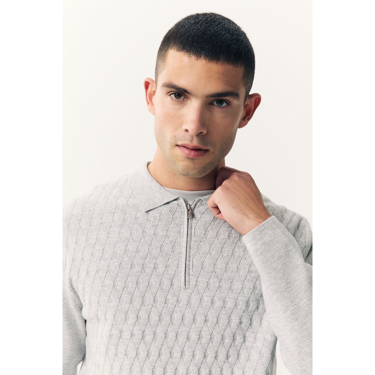 Polo regular en maille à col zippé gris, NEXT