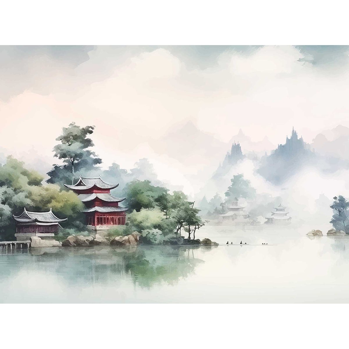 Papier peint panoramique fleuve asiatique vert, HEXOA