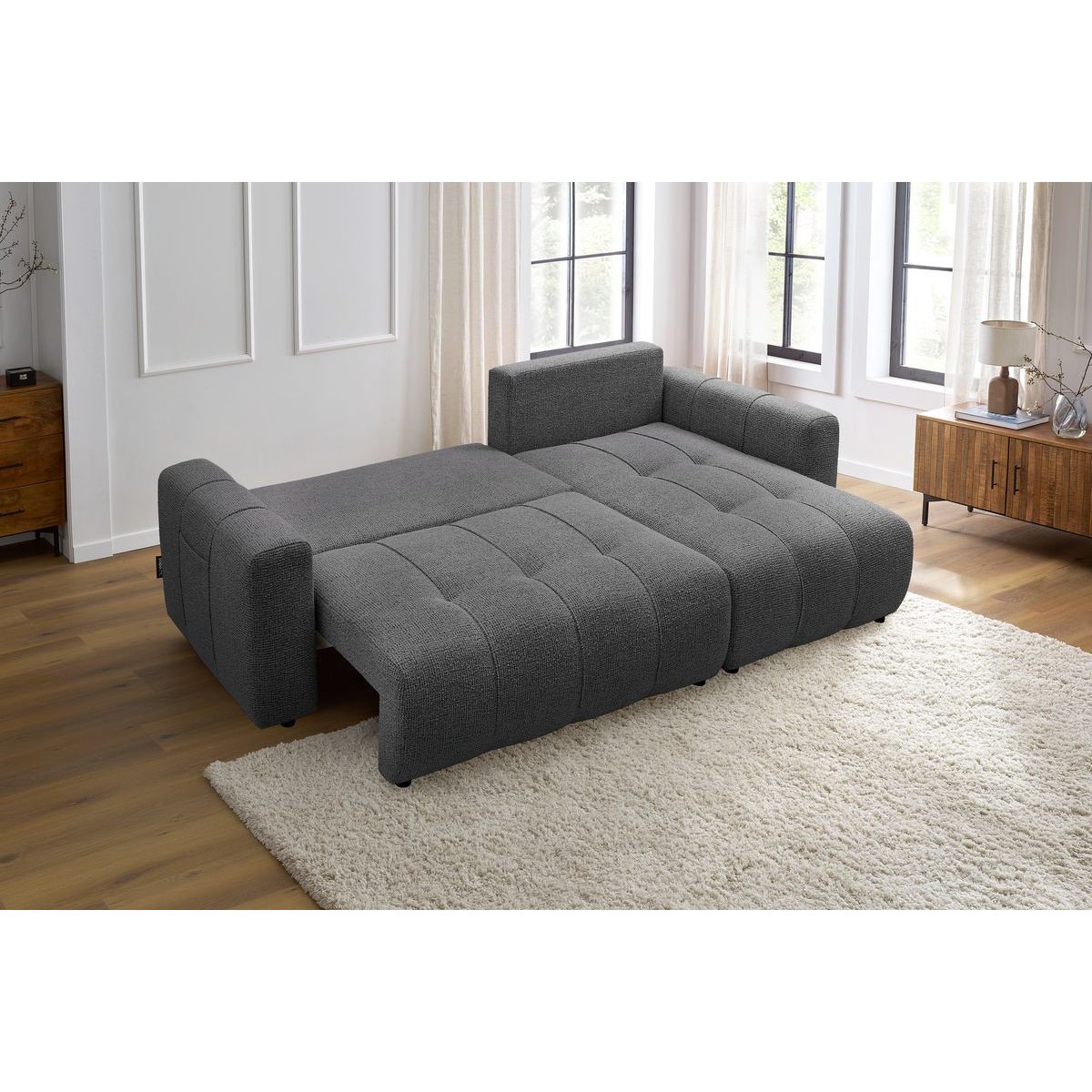 Canapé d'angle convertible 3 places en tissu chiné, ARSENE gris foncé, BOBOCHIC