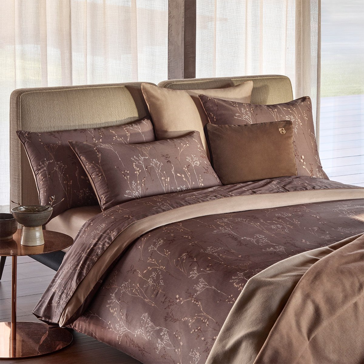 Drap plat en satin de coton marron, WILD MILLET a motif, BOSS HOME