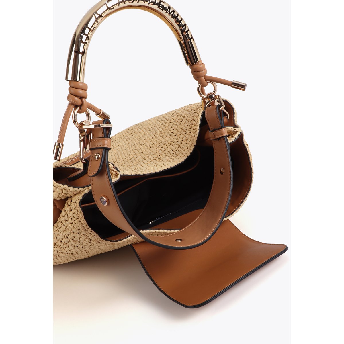 Sac à main effet raphia à poignée rigide siglée et motif tressé beige, LOLA CASADEMUNT