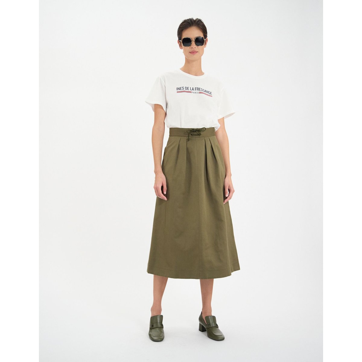 Jupe plissée Maud en coton mélangé kaki khaki, INES DE LA FRESSANGE PARIS