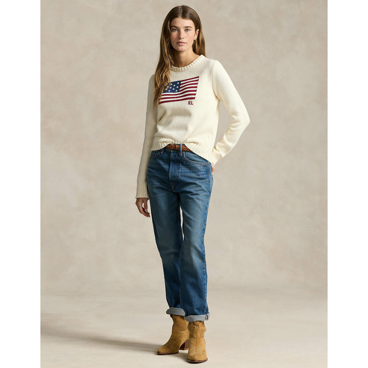 Pull col rond, motif drapeau américain crème, POLO RALPH LAUREN