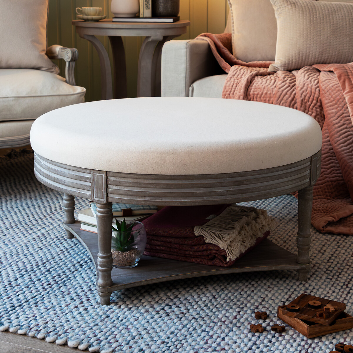 Maurice Round Linen Upholstered Ottoman Storage Footstool raw linen, VOYAGE MAISON
