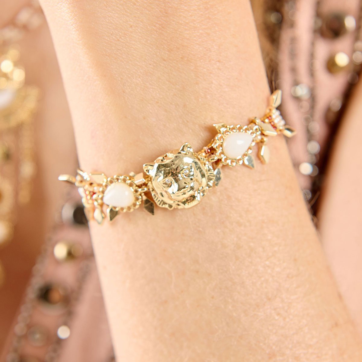Bracelet de perles et cabochon central tigre CIRKUS blanc, HIPANEMA