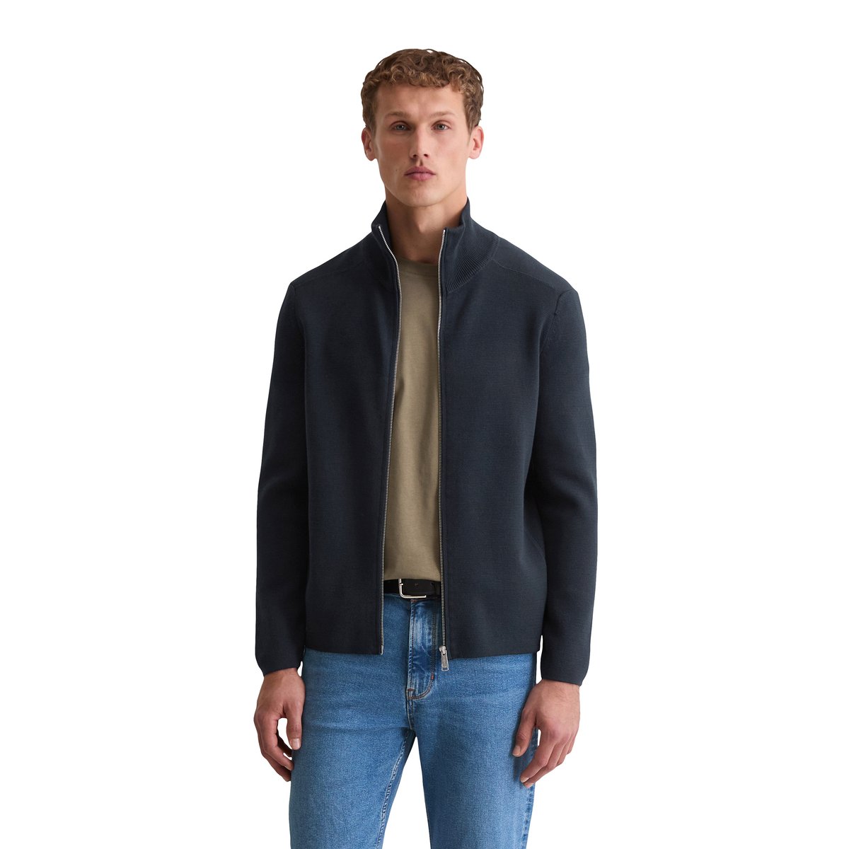 Cardigan zippé regular en pur coton bio bleu foncé, MARC O'POLO