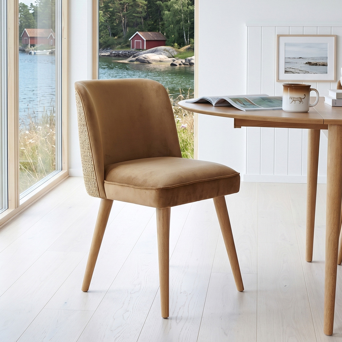 Lot de 2 chaises en hévéa, tweed et velours APOLLINE camel, ROBIN DES BOIS