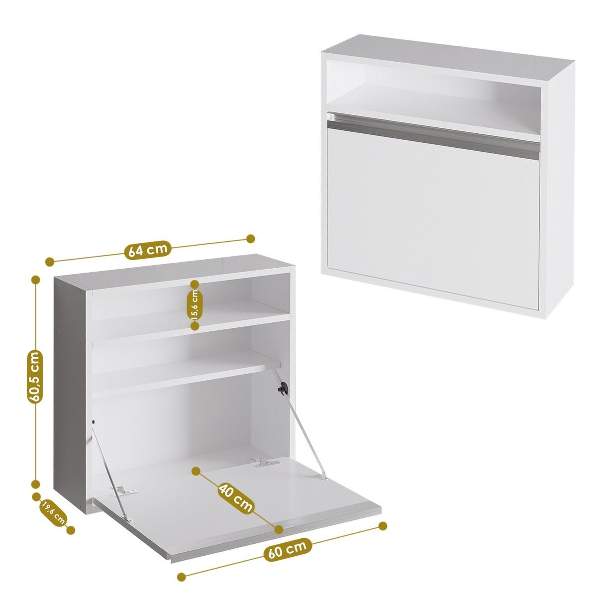 Bureau mural rabattable avec 2 étagères intégrées TULUM blanc, TOILINUX