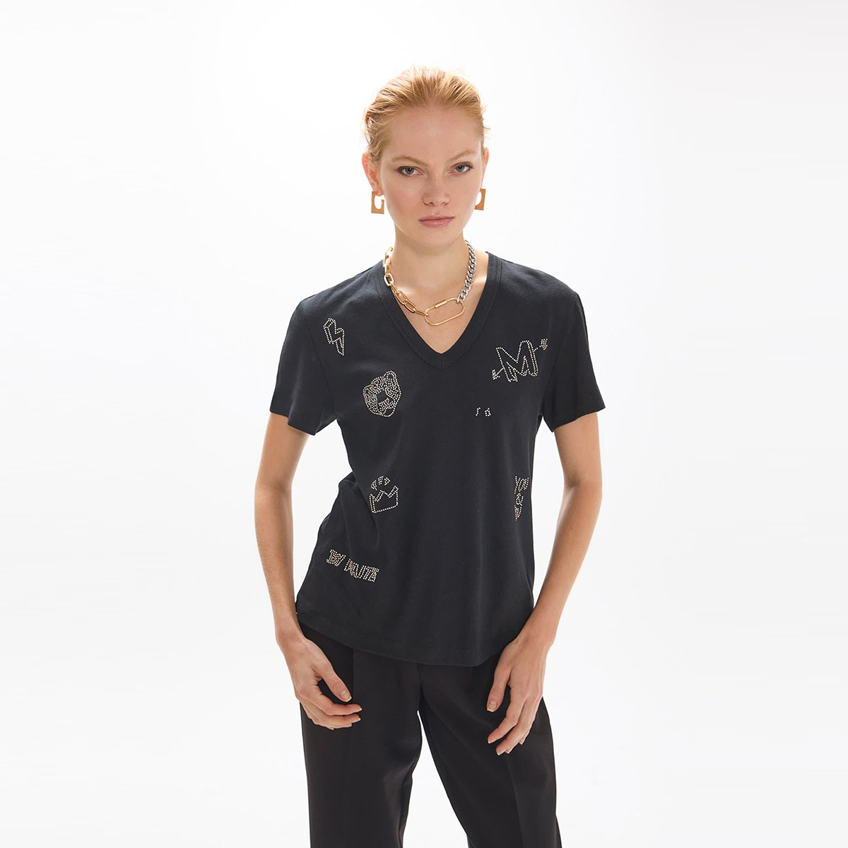 T-shirt col en V imprimé clous graphiques noir, LOLA CASADEMUNT