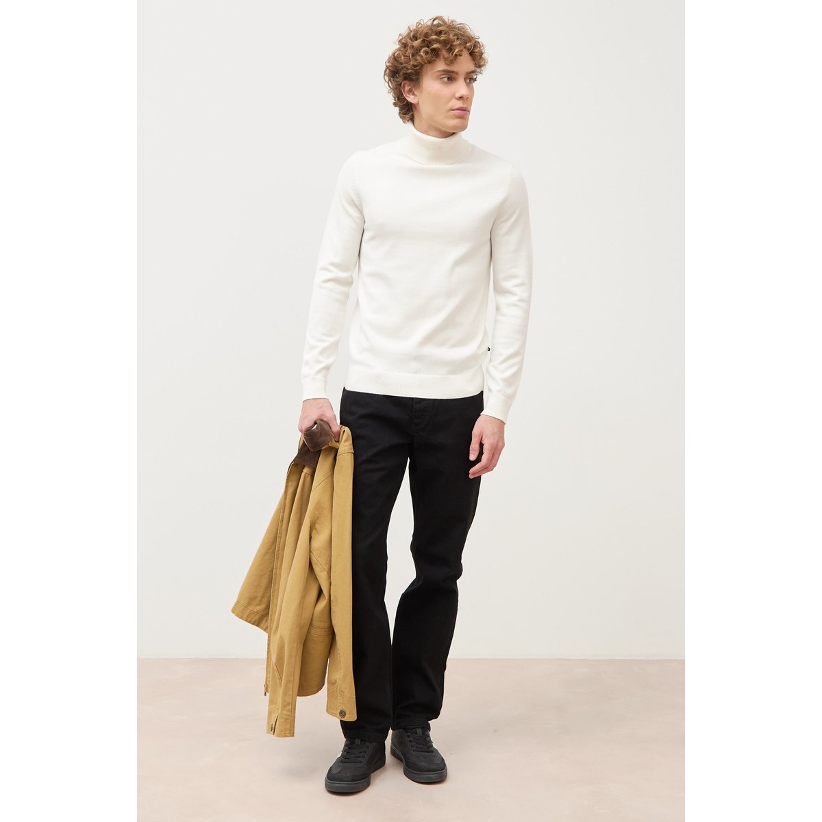 Pull fin col montant manches longues ecru, BONOBO