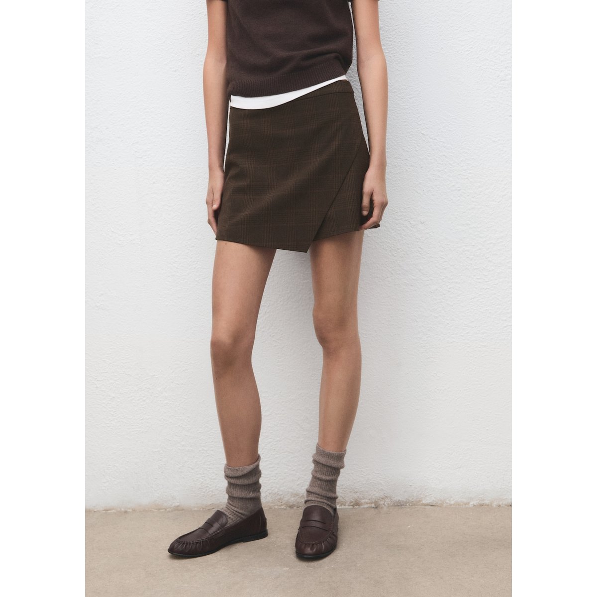 Jupe asymétrique carreaux marron, MANGO