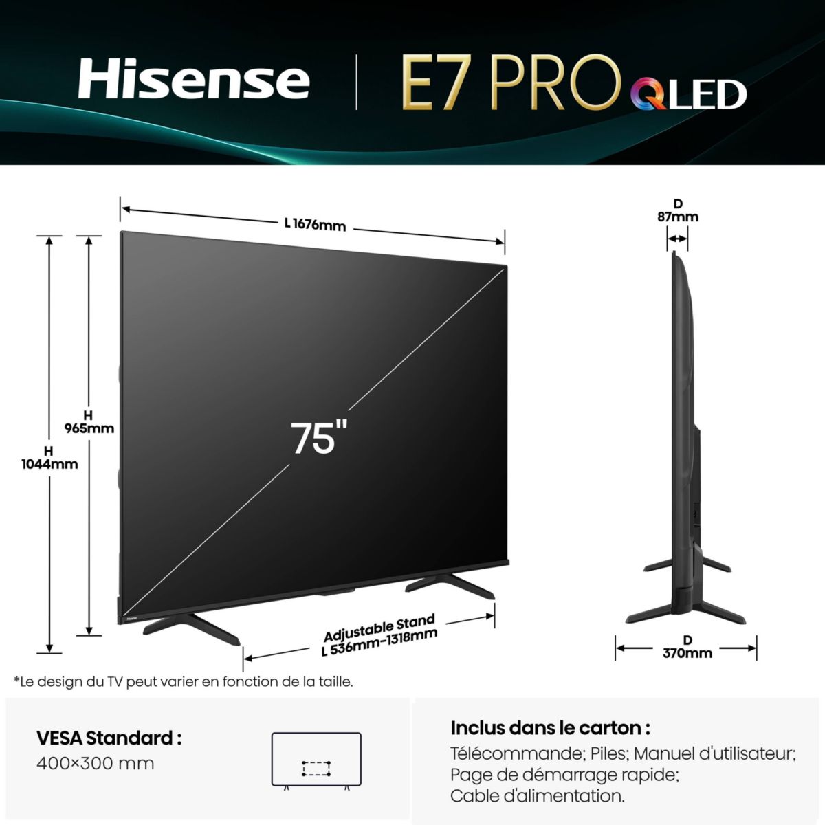 TV QLED 75E79Q PRO (2025) 75" (189 cm) 4K Ultra HD - 144Hz, Smart TV couleur unique, HISENSE