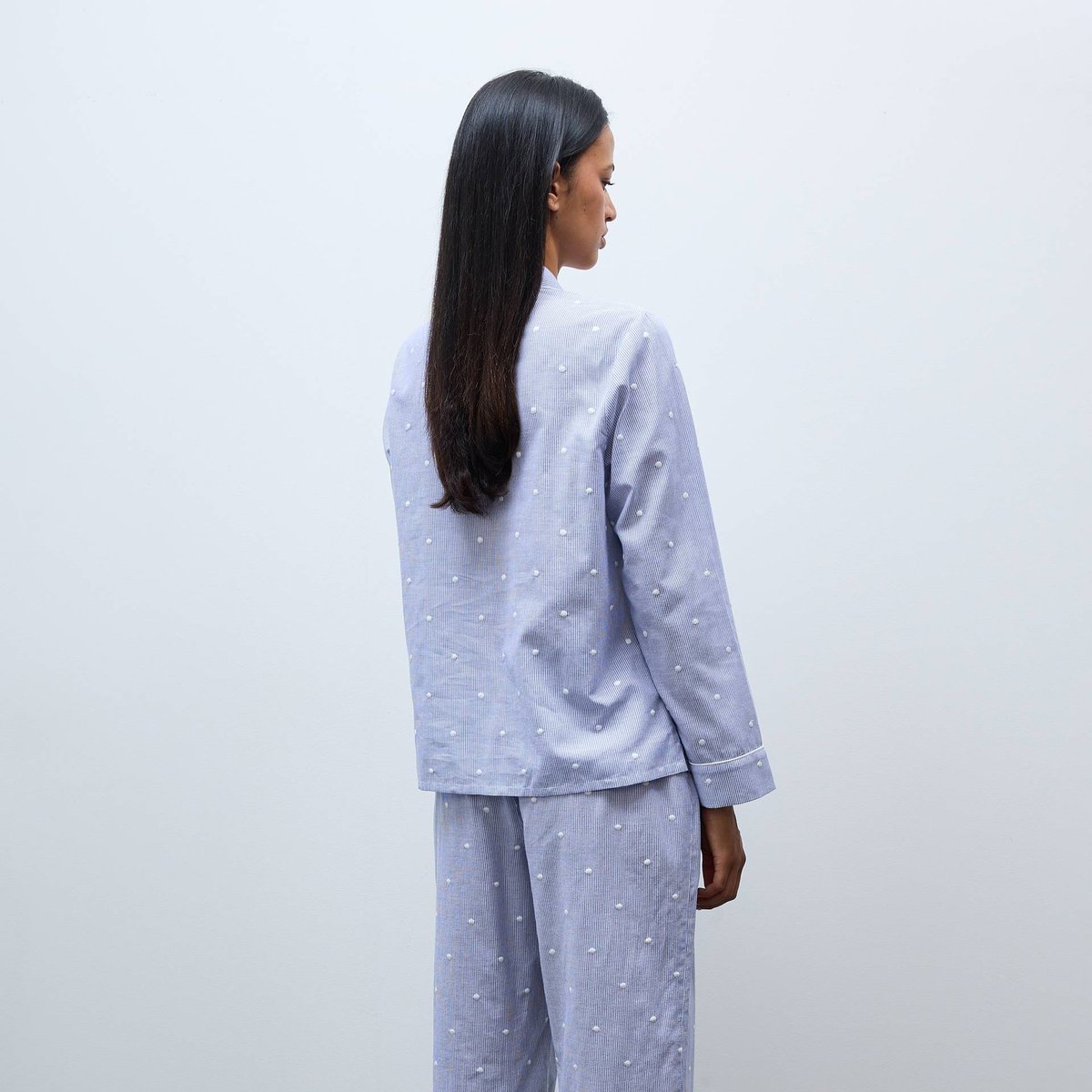 Pyjama long à rayures et pois brodés en coton BIO GOTS marine, MONOPRIX