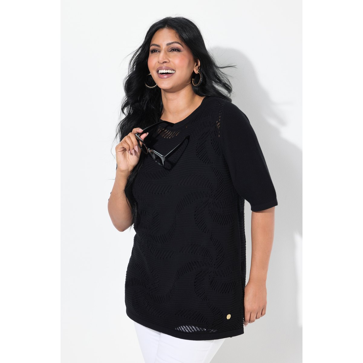 Pull encolure bateau et manches courtes. noir, ULLA POPKEN