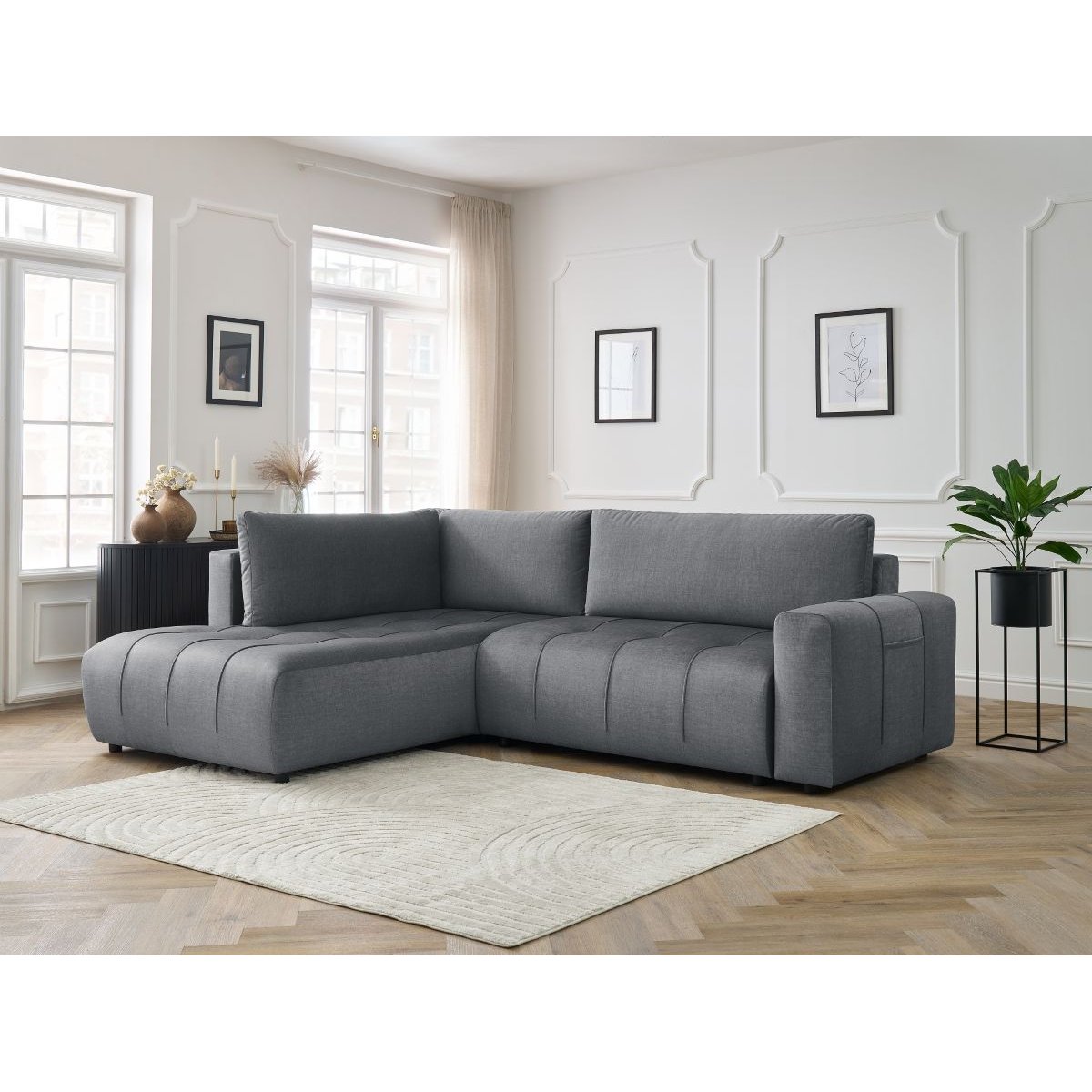 Canapé d'angle convertible 3 places en velours, ARSENE gris foncé, BOBOCHIC