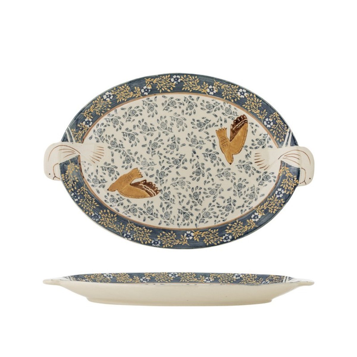 Plat ovale décoratif oiseaux grès  HEZHA bleu, BLOOMINGVILLE