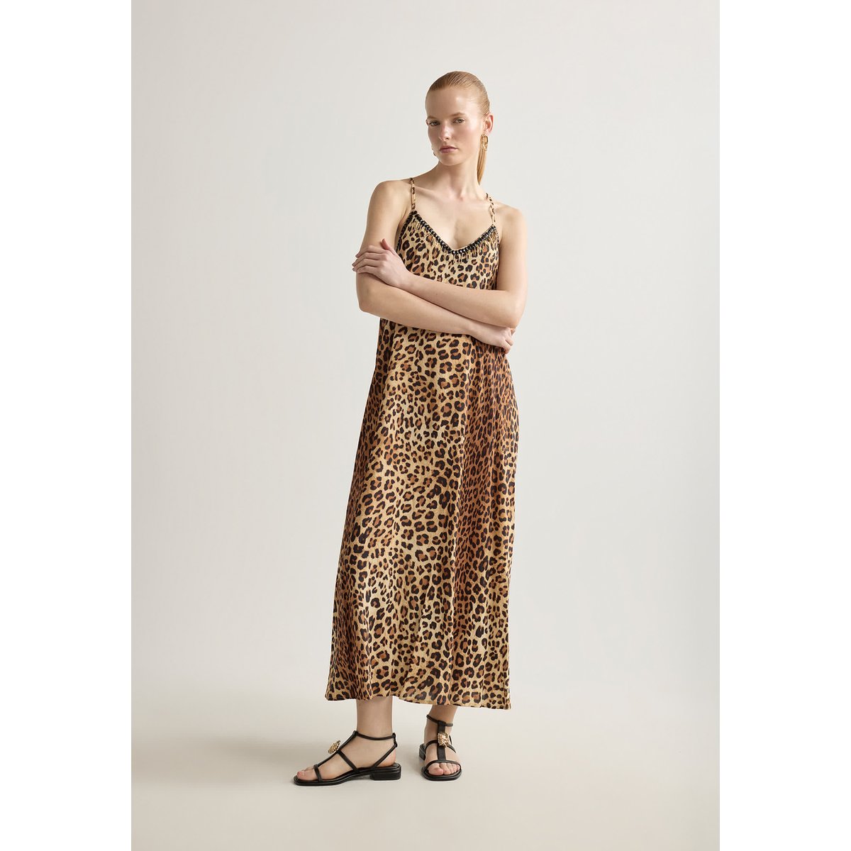 Robe longue imprimé léopard à bretelles et strass léopard, LOLA CASADEMUNT