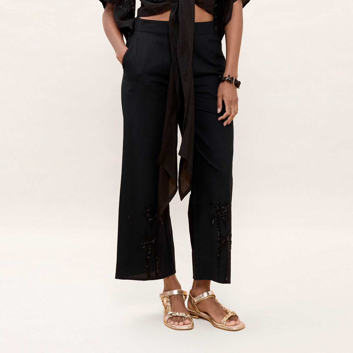 Pantalon fluide brodé taille élastiquée noir, LOLA CASADEMUNT