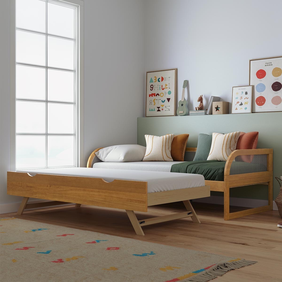 Pack lit enfant gigogne avec matelas Bois massif LAYA noisette, AKITEN RETAIL