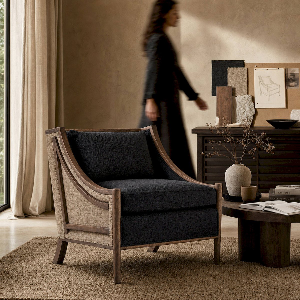 Fauteuil classique en bois bleu pétrole et marron, RECOLLECTION