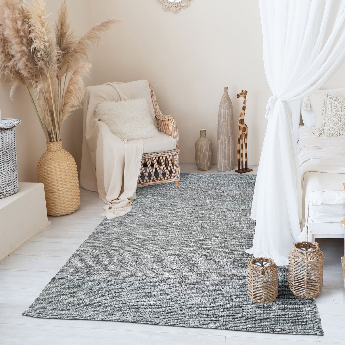 Tapis tressé en jute DESERTUM - style bohème gris, THE DECO FACTORY
