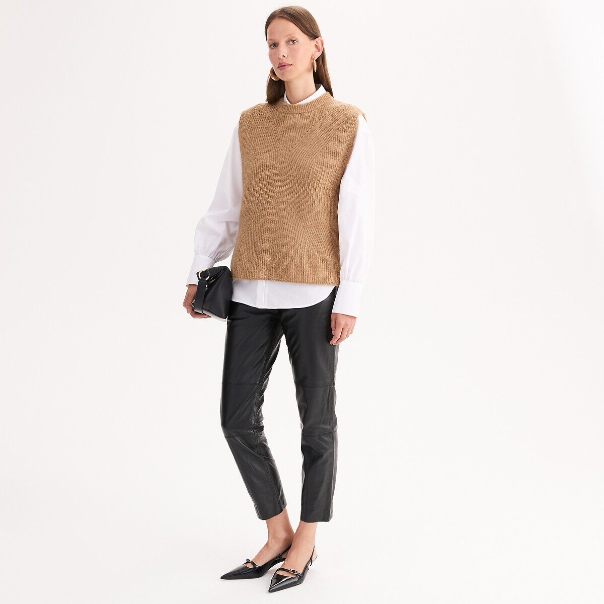 Pull sans manches, laine et alpaga mélangés camel, ANNE WEYBURN