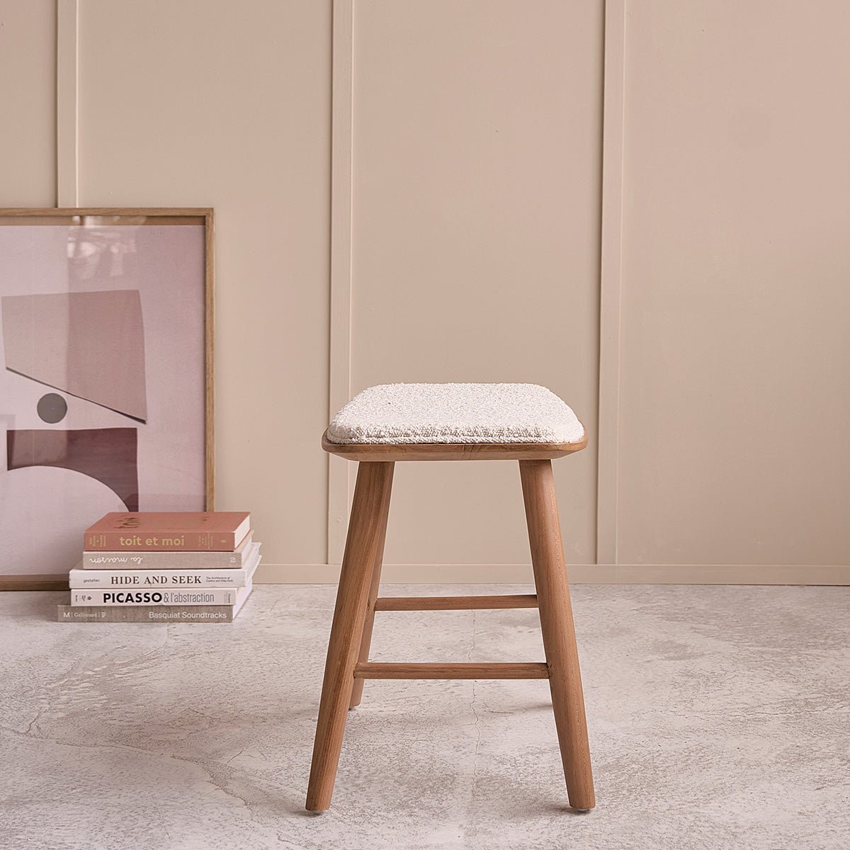 Tabouret en teck massif et bouclette AMBRE ecru, BERAH GETAH